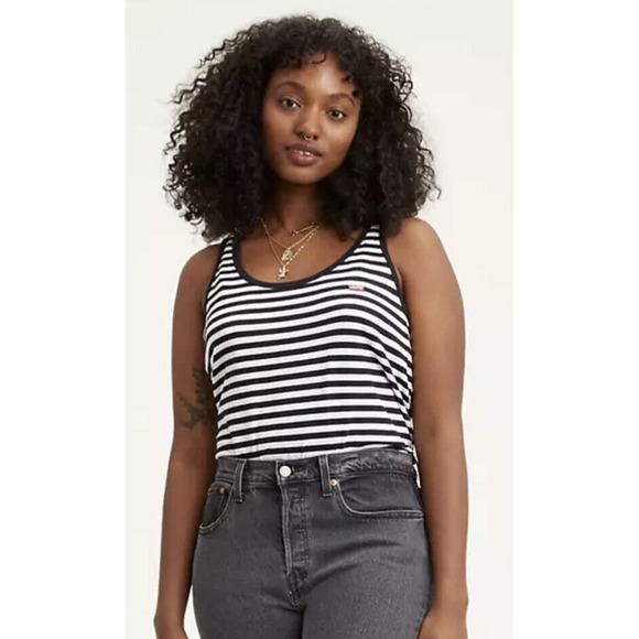 Levi’s Medium Striped Bobbi Tank Top Scoop neck Sleeveless Black/white Logo - Picture 1 of 2